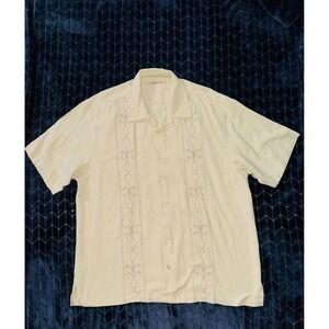 Tommy Bahama Mens Beige Camp Shirt Short Sleeve‎ SILK Embroidered Button Sz XL